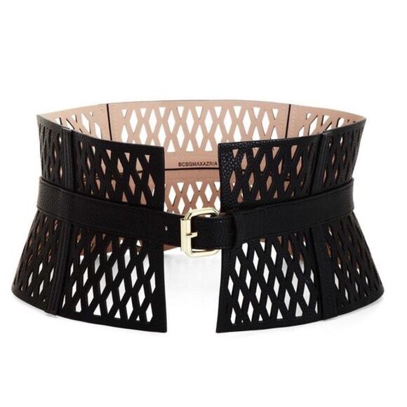 BCBGMaxAzria Corset Belt Black Cutout Size Small Faux Leather Maggie Charmed - Picture 1 of 7